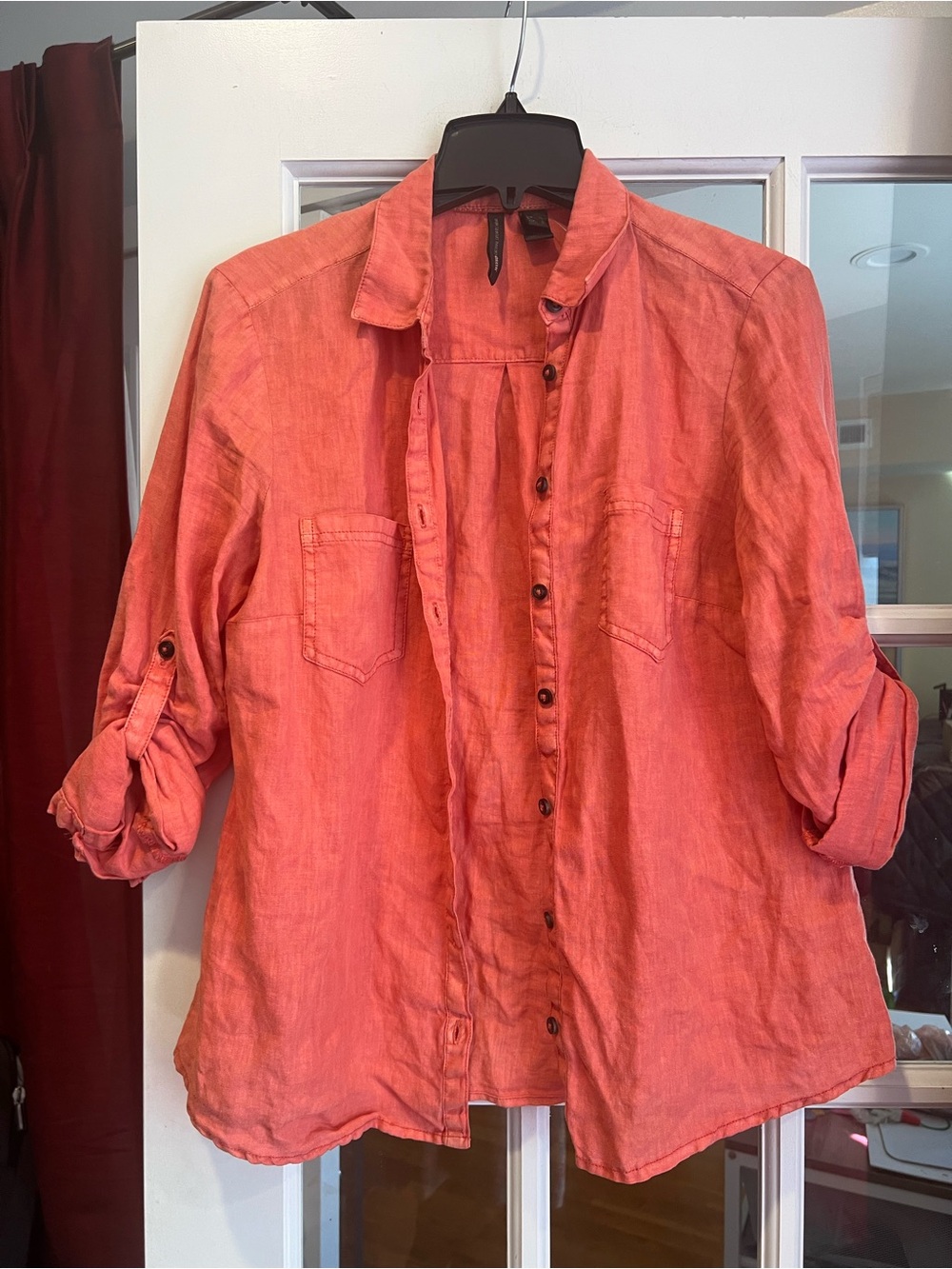 Mango Coral Button-Down Linen-Blend Shirt